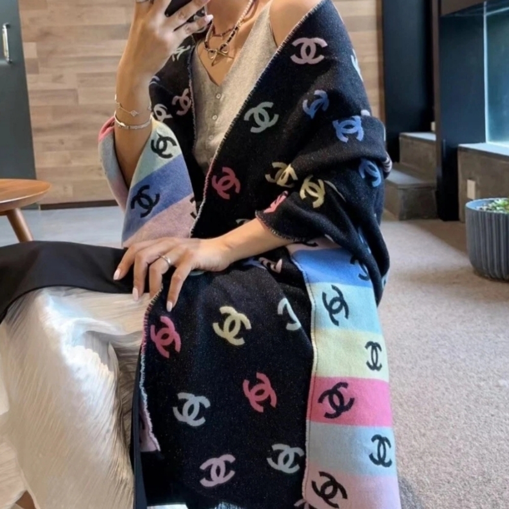 BRAND NEW! RARE UNUSED Chanel Multicolor CC Rainbow Shawl SCARF Reversible